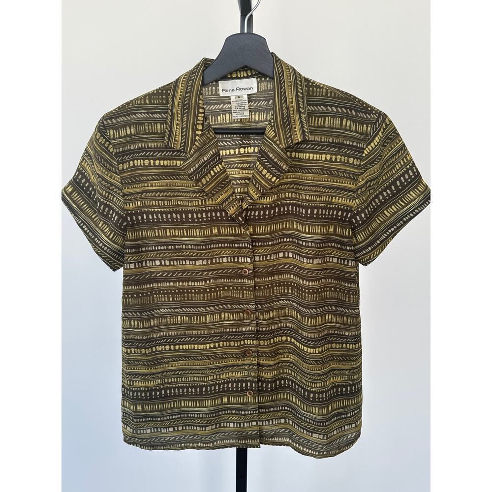 Rene Rowan Short Sleeve Button Down Olive Green Patterned Top Size 6